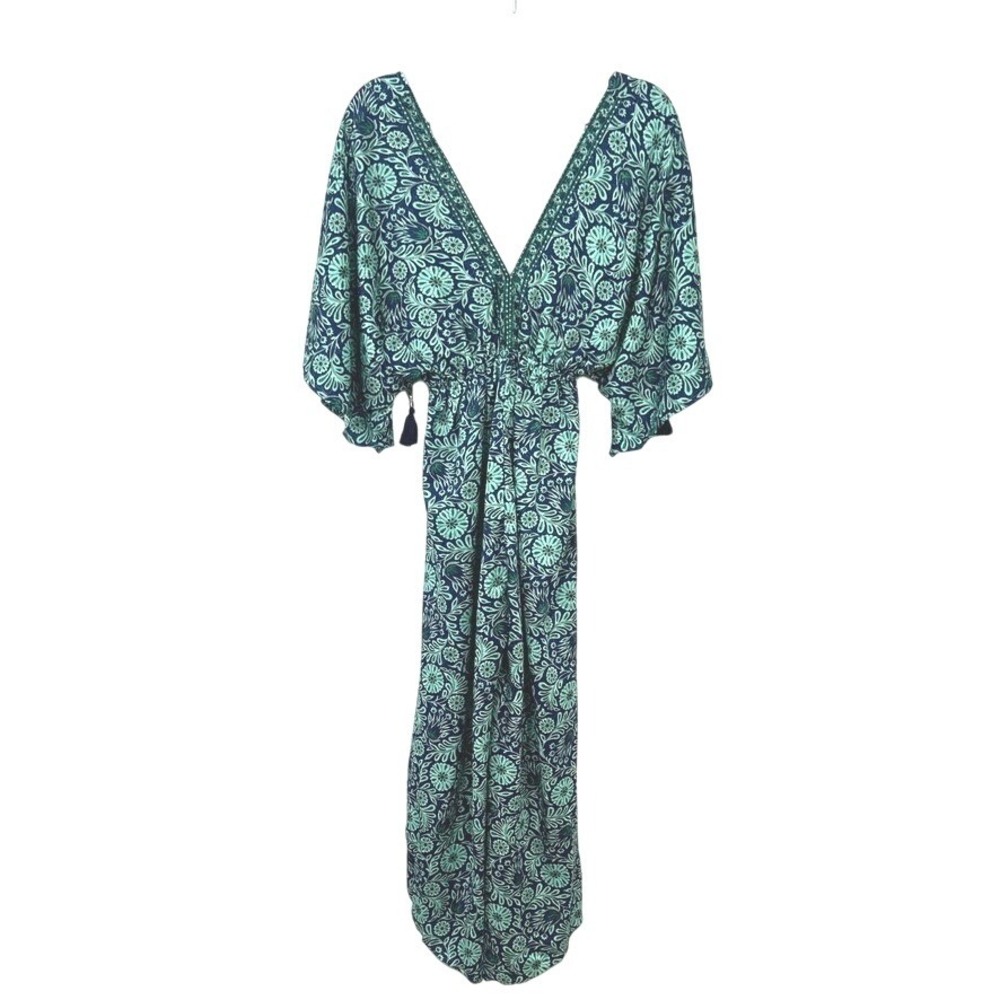 Boho Wide Leg Jumpsuit Kimono‎ Sleeve Floral Tie Waist OS Blue Resort Coastal